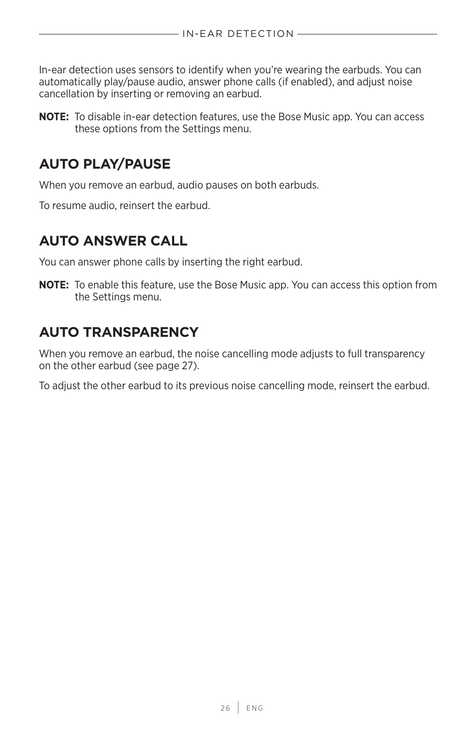 In-ear detection, Auto play/pause, Auto answer call | Auto transparency, Auto play/pause auto answer call auto transparency | Bose QuietComfort Earbuds II Noise-Canceling True Wireless In-Ear Headphones (Triple Black) User Manual | Page 26 / 49