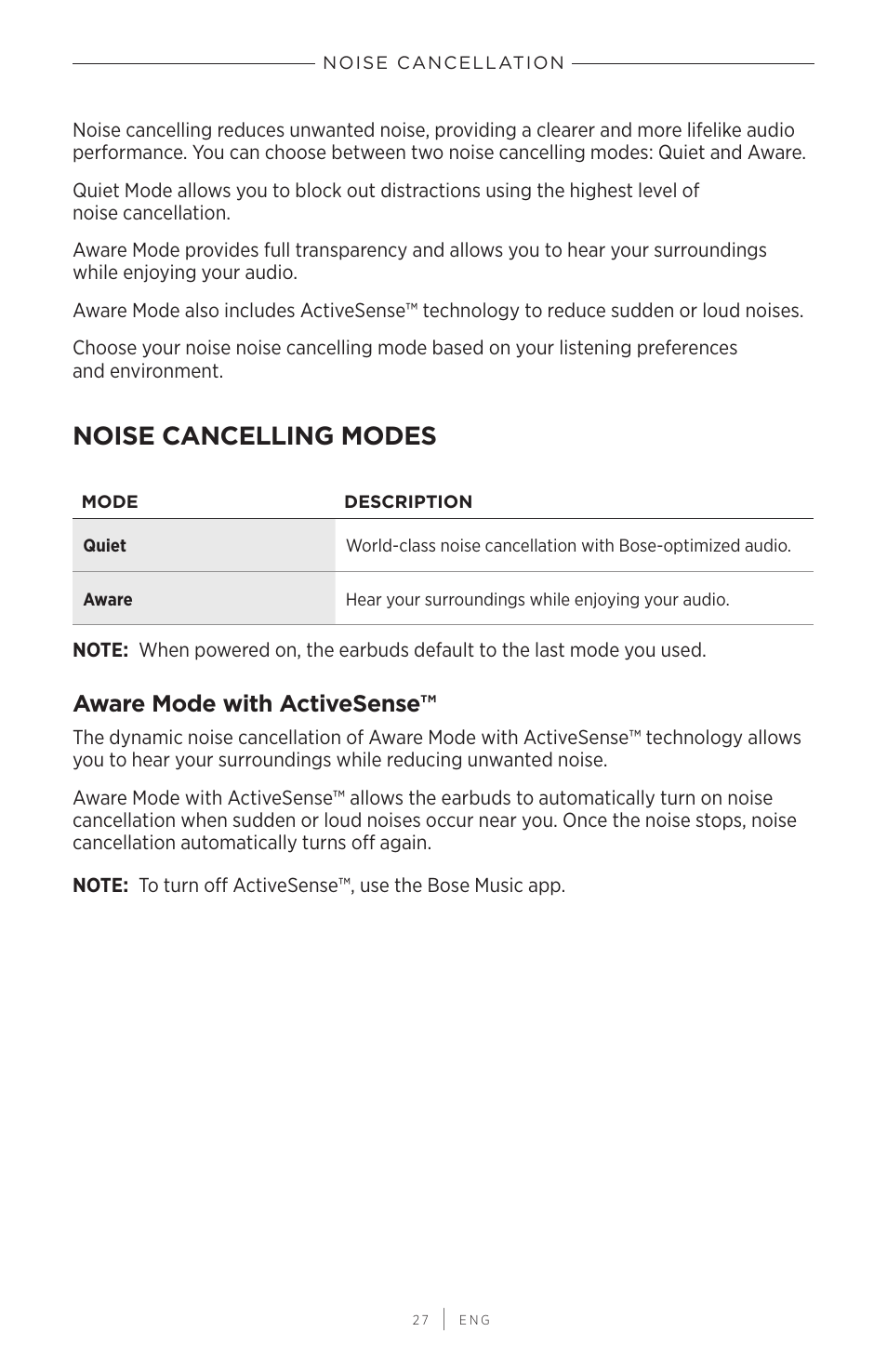 Noise cancellation, Noise cancelling modes, Aware mode with activesense | Bose QuietComfort Earbuds II Noise-Canceling True Wireless In-Ear Headphones (Triple Black) User Manual | Page 27 / 49