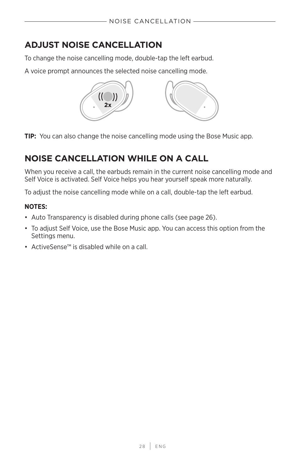 Adjust noise cancellation, Noise cancellation while on a call | Bose QuietComfort Earbuds II Noise-Canceling True Wireless In-Ear Headphones (Triple Black) User Manual | Page 28 / 49