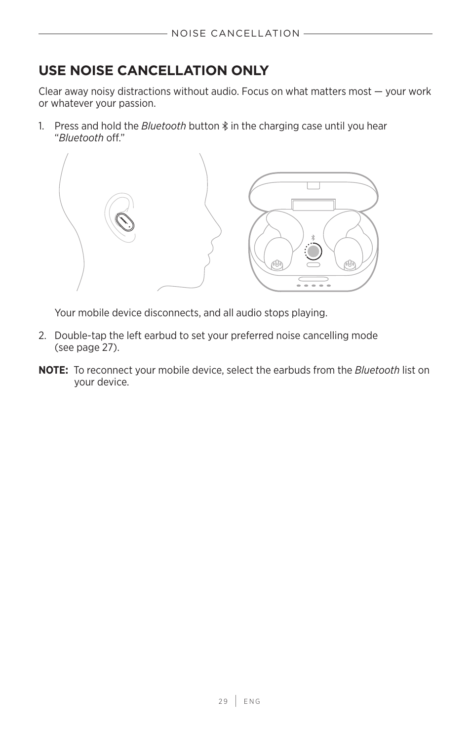 Use noise cancellation only | Bose QuietComfort Earbuds II Noise-Canceling True Wireless In-Ear Headphones (Triple Black) User Manual | Page 29 / 49
