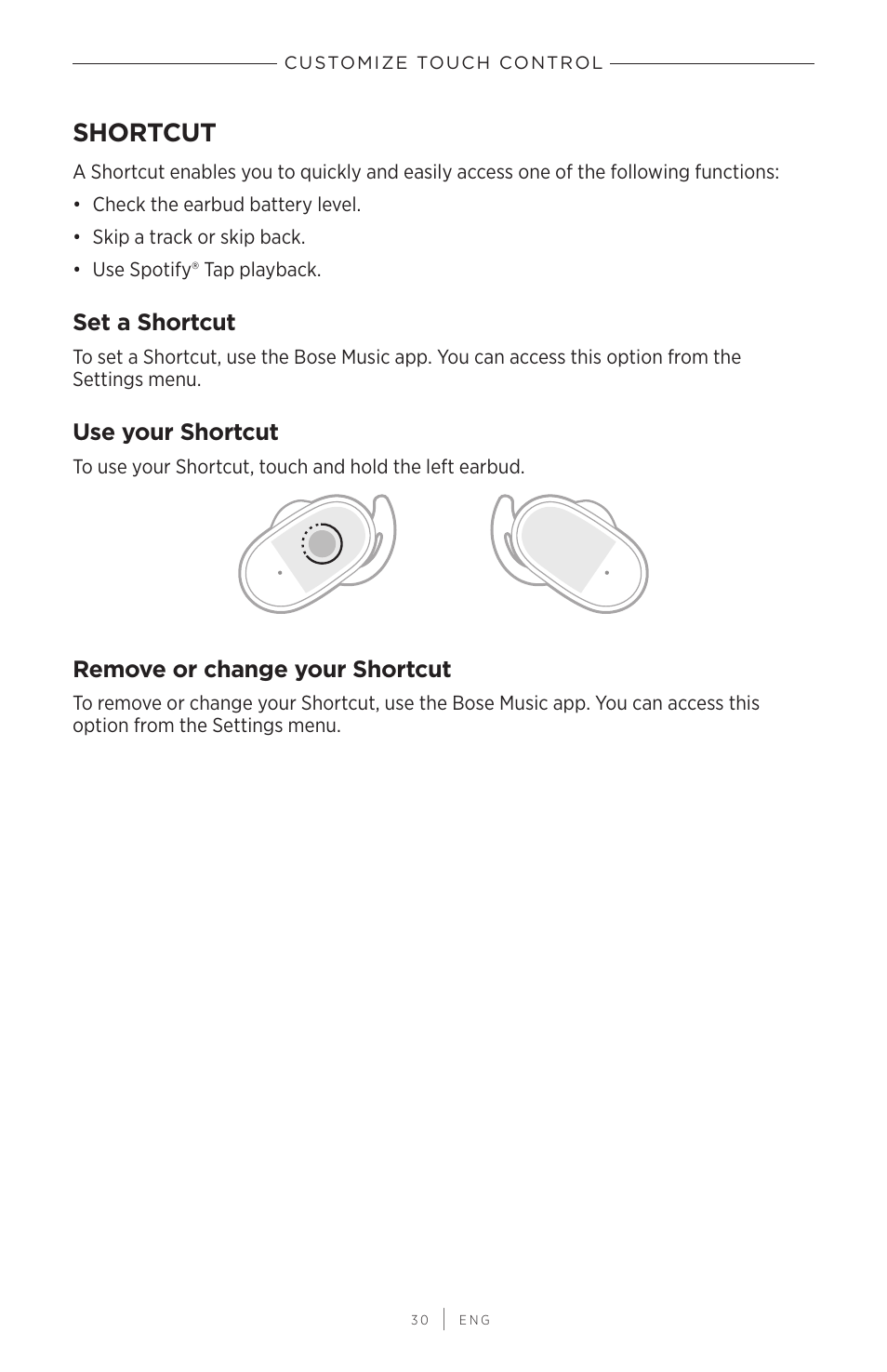 Customize touch control, Shortcut, Set a shortcut | Use your shortcut, Remove or change your shortcut | Bose QuietComfort Earbuds II Noise-Canceling True Wireless In-Ear Headphones (Triple Black) User Manual | Page 30 / 49