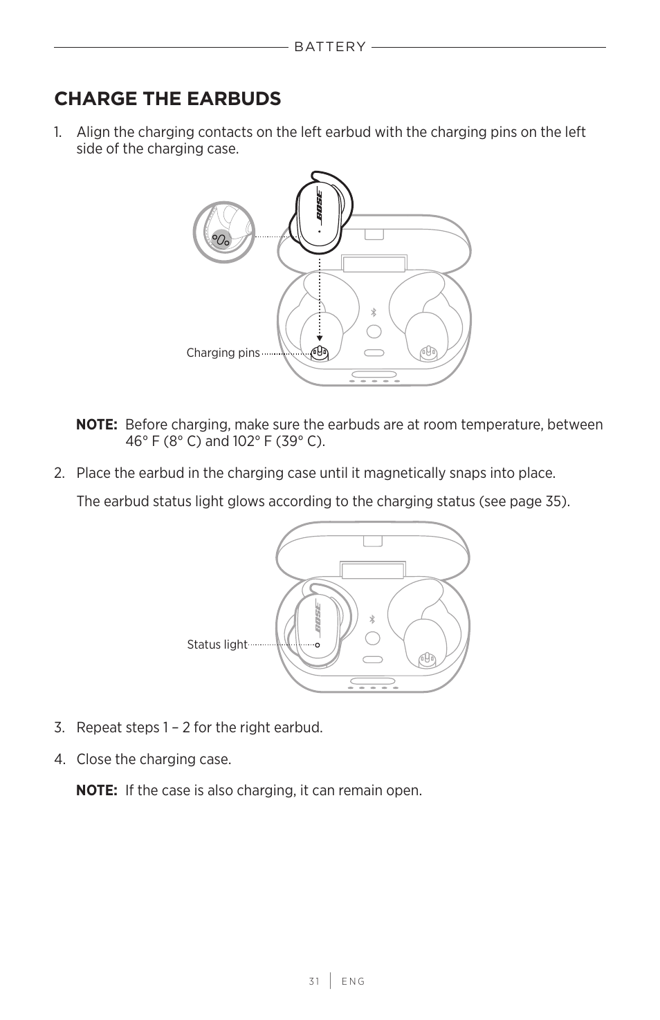 Battery, Charge the earbuds | Bose QuietComfort Earbuds II Noise-Canceling True Wireless In-Ear Headphones (Triple Black) User Manual | Page 31 / 49