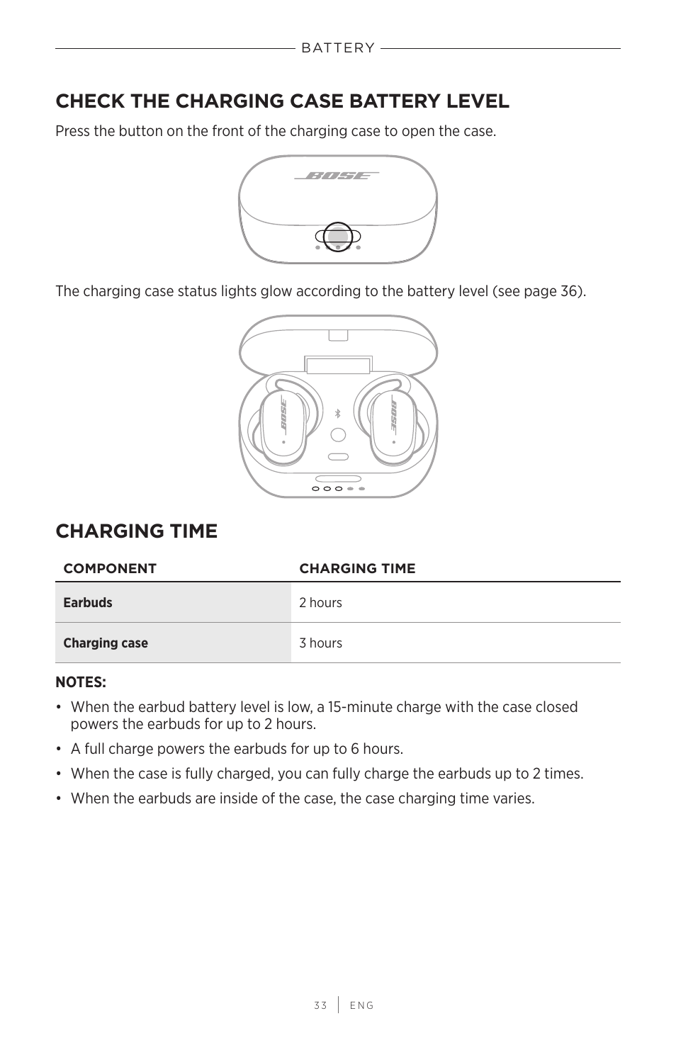 Check the charging case battery level, Charging time | Bose QuietComfort Earbuds II Noise-Canceling True Wireless In-Ear Headphones (Triple Black) User Manual | Page 33 / 49