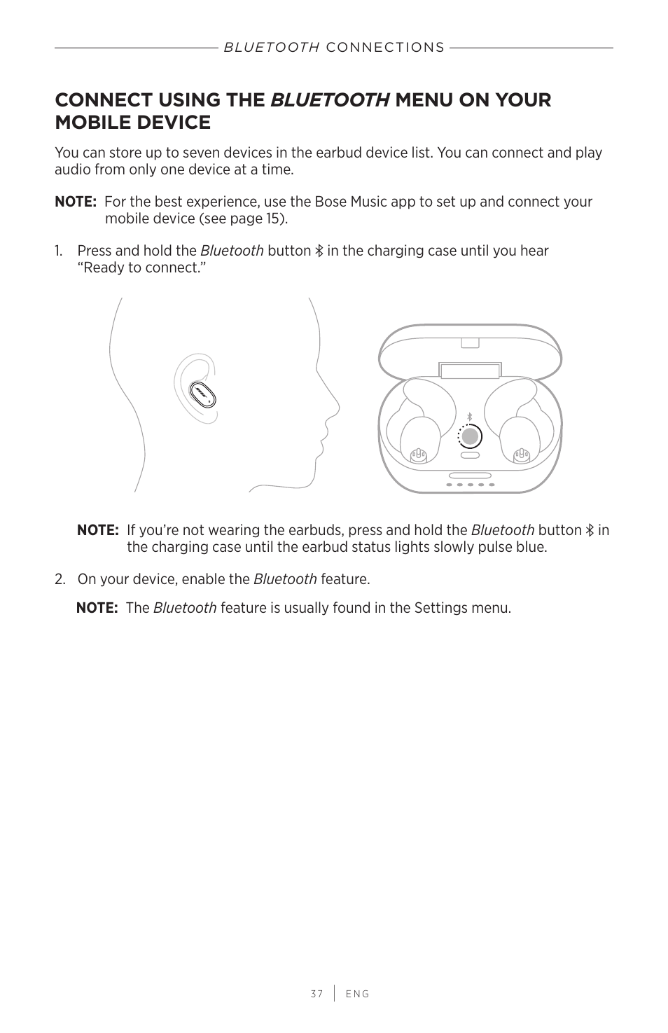 Bluetooth connections, Bluetooth, Connections | Connect using the, Menu on your mobile device | Bose QuietComfort Earbuds II Noise-Canceling True Wireless In-Ear Headphones (Triple Black) User Manual | Page 37 / 49