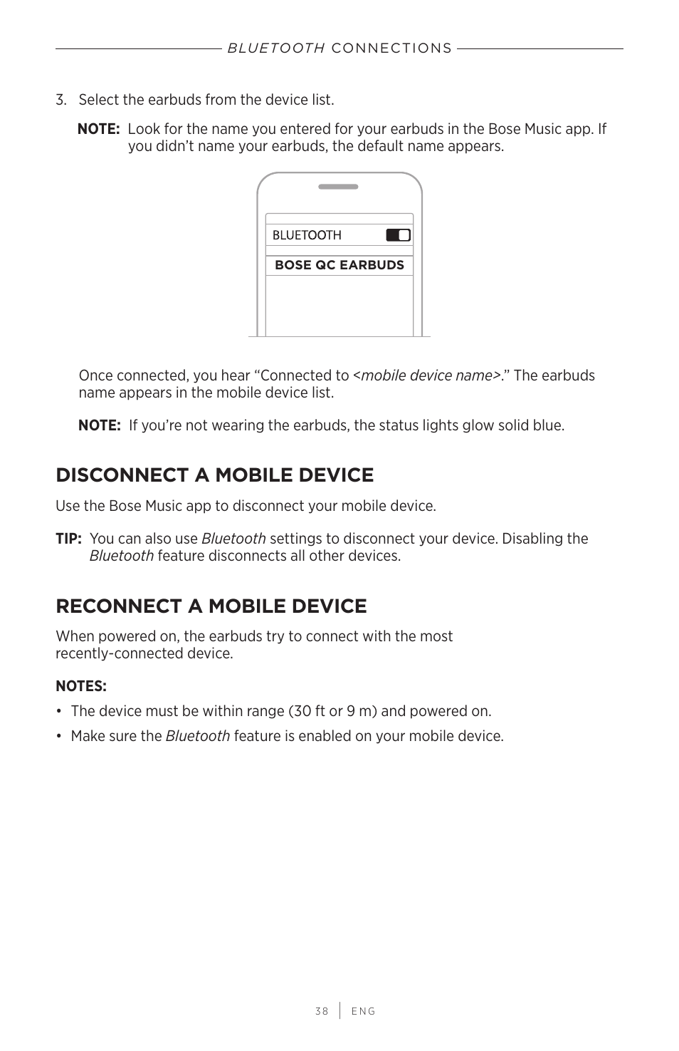 Disconnect a mobile device, Reconnect a mobile device | Bose QuietComfort Earbuds II Noise-Canceling True Wireless In-Ear Headphones (Triple Black) User Manual | Page 38 / 49