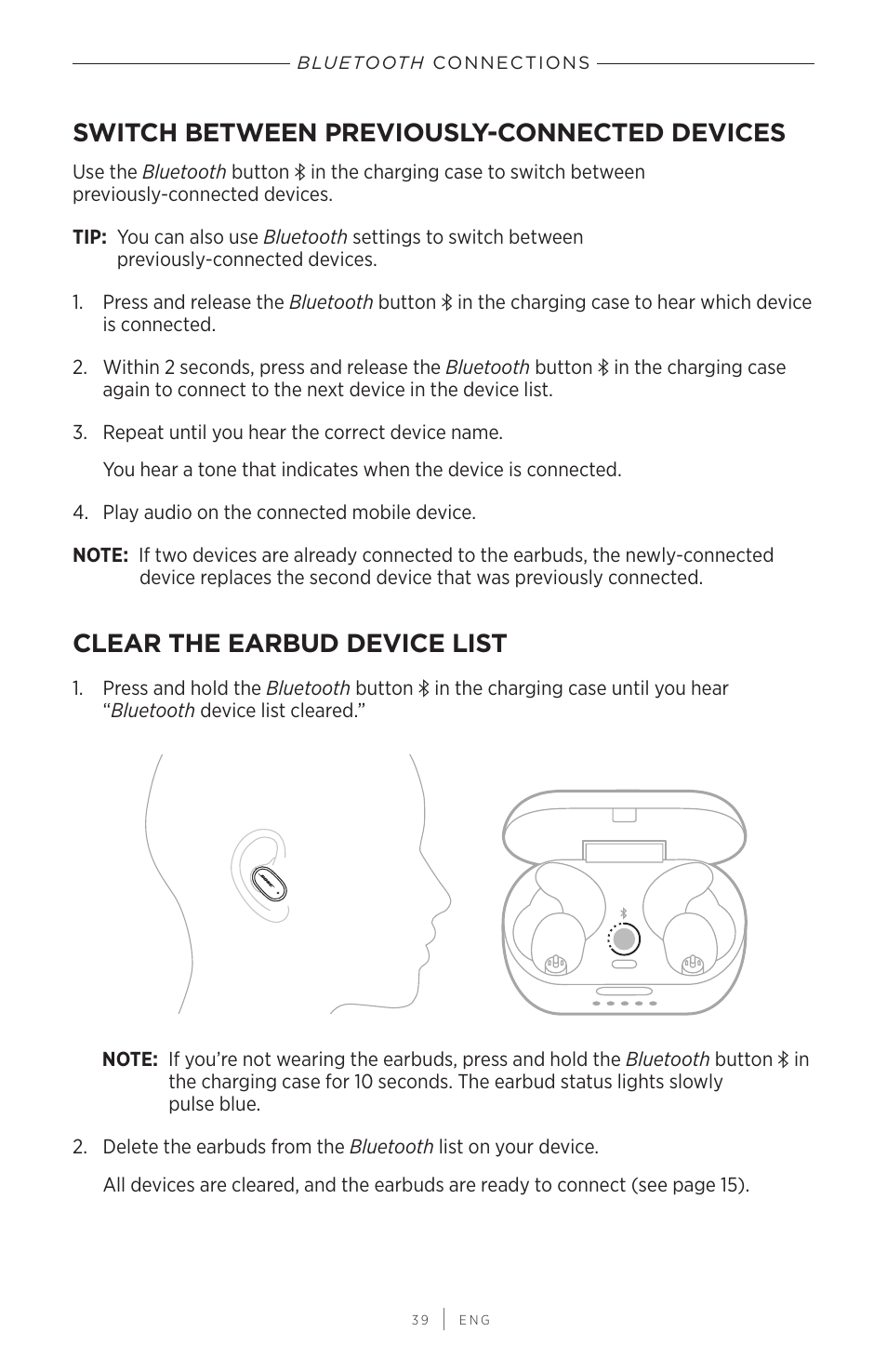 Switch between previously-connected devices, Clear the earbud device list | Bose QuietComfort Earbuds II Noise-Canceling True Wireless In-Ear Headphones (Triple Black) User Manual | Page 39 / 49