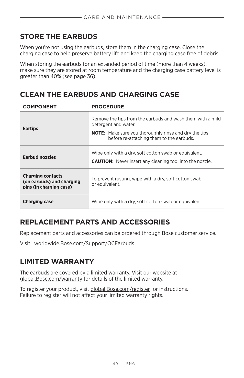 Care and maintenance, Store the earbuds, Clean the earbuds and charging case | Replacement parts and accessories, Limited warranty | Bose QuietComfort Earbuds II Noise-Canceling True Wireless In-Ear Headphones (Triple Black) User Manual | Page 40 / 49