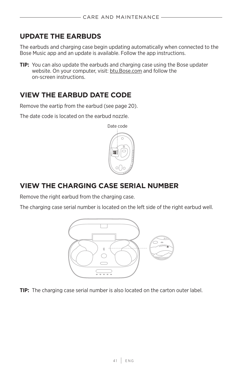 Update the earbuds, View the earbud date code, View the charging case serial number | Bose QuietComfort Earbuds II Noise-Canceling True Wireless In-Ear Headphones (Triple Black) User Manual | Page 41 / 49
