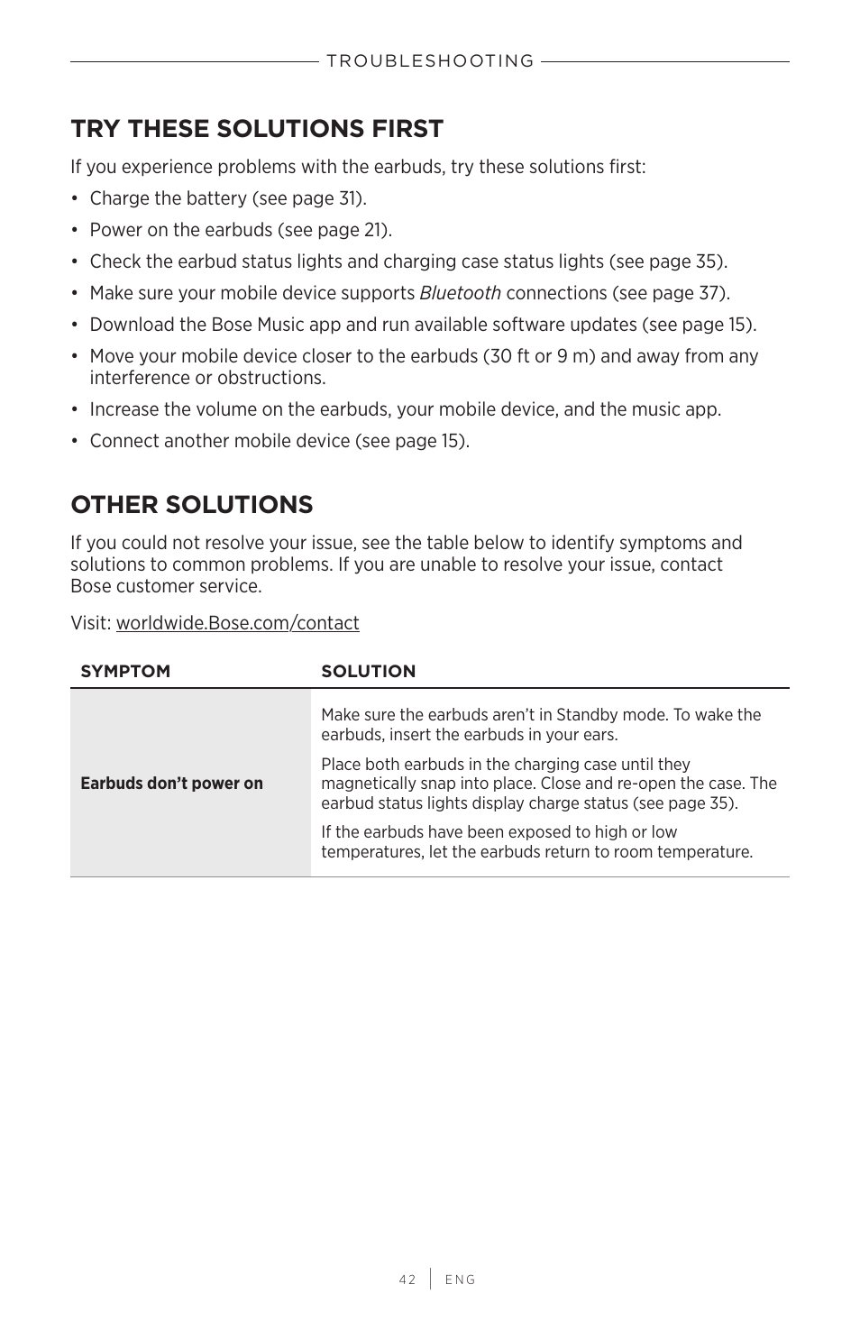 Troubleshooting, Try these solutions first, Other solutions | Try these solutions first other solutions | Bose QuietComfort Earbuds II Noise-Canceling True Wireless In-Ear Headphones (Triple Black) User Manual | Page 42 / 49