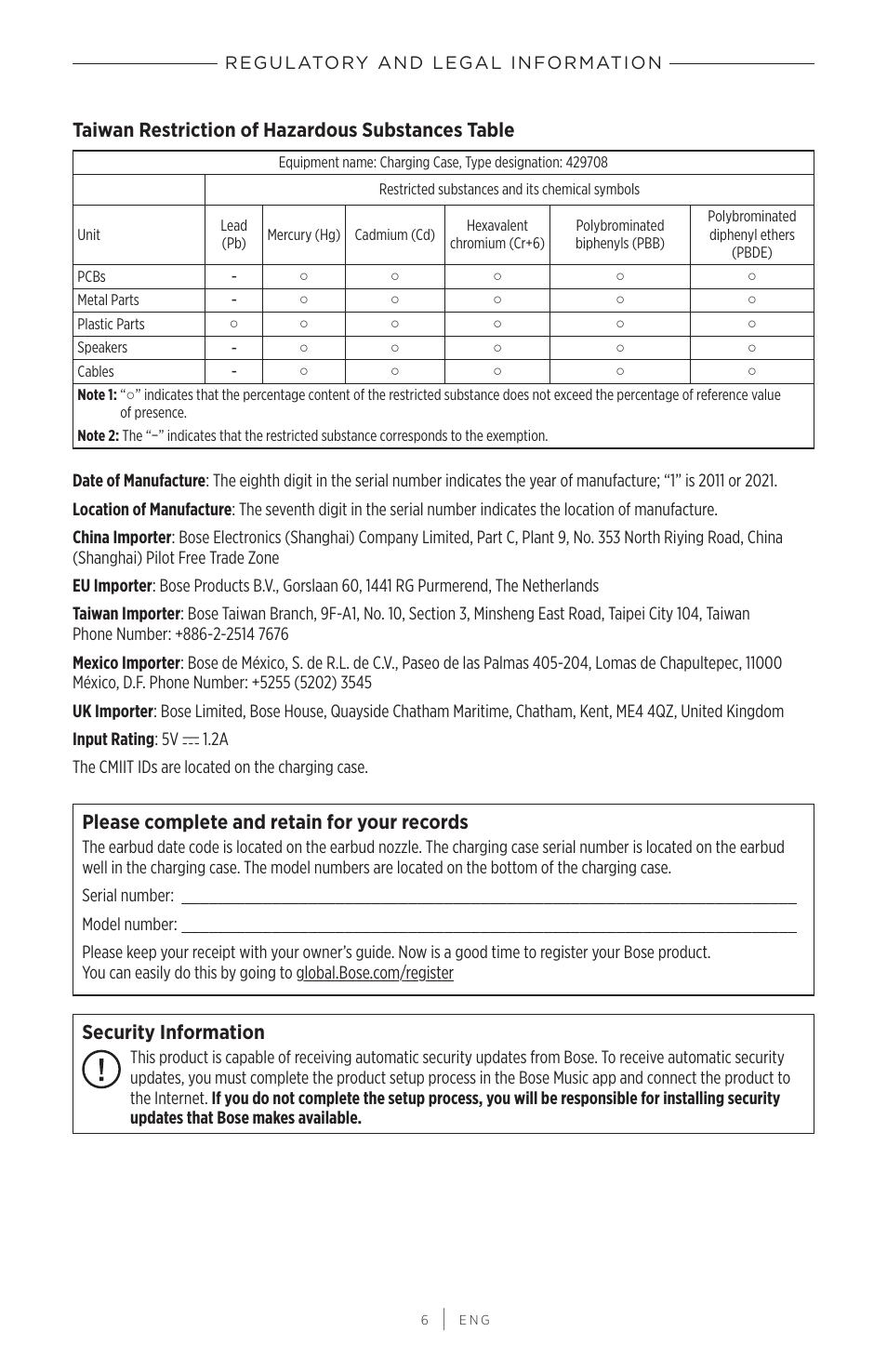 Taiwan restriction of hazardous substances table, Please complete and retain for your records, Security information | Bose QuietComfort Earbuds II Noise-Canceling True Wireless In-Ear Headphones (Triple Black) User Manual | Page 6 / 49