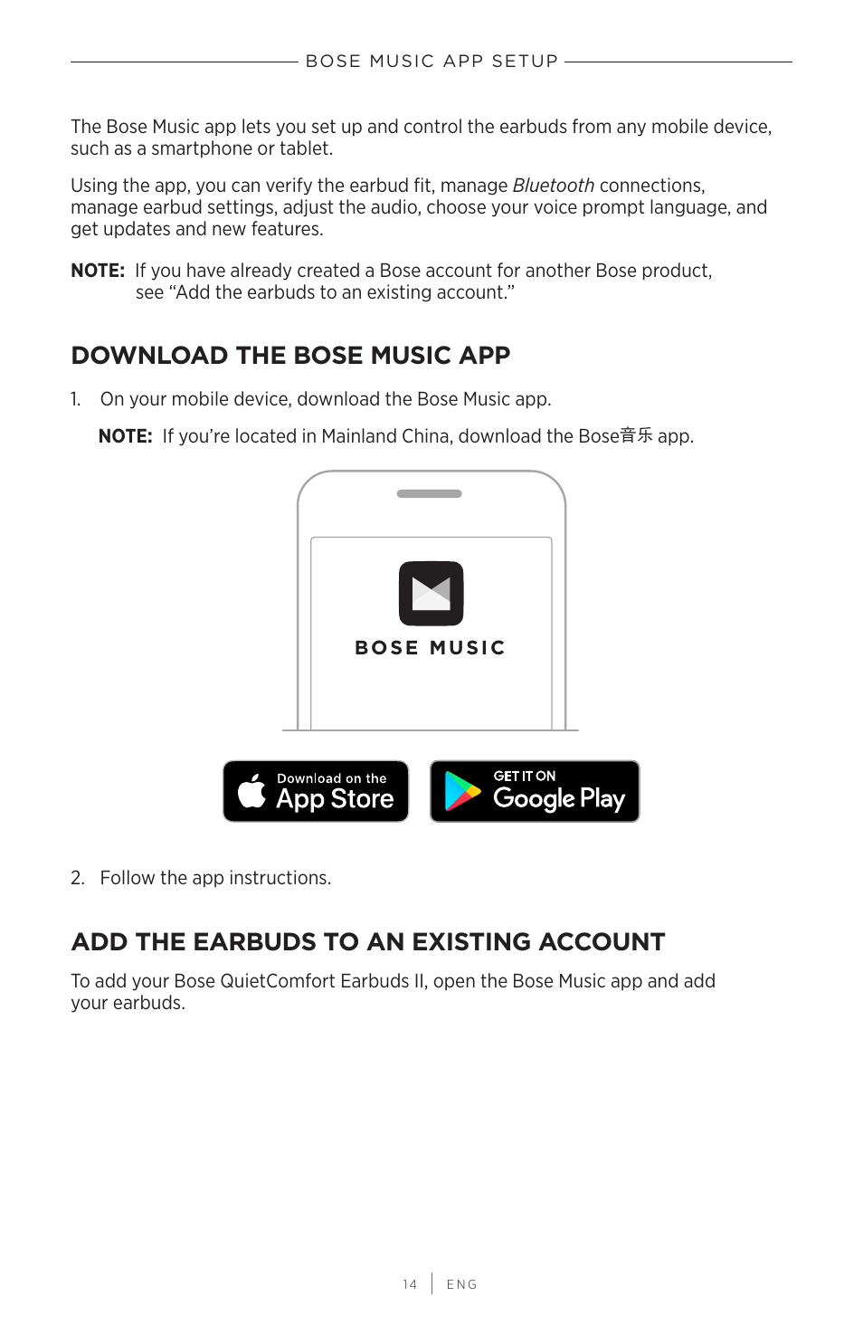 Bose music app setup, Download the bose music app, Add the earbuds to an existing account | Bose QuietComfort Earbuds II Noise-Canceling True Wireless In-Ear Headphones (Limited-Edition Eclipse Gray) User Manual | Page 14 / 52