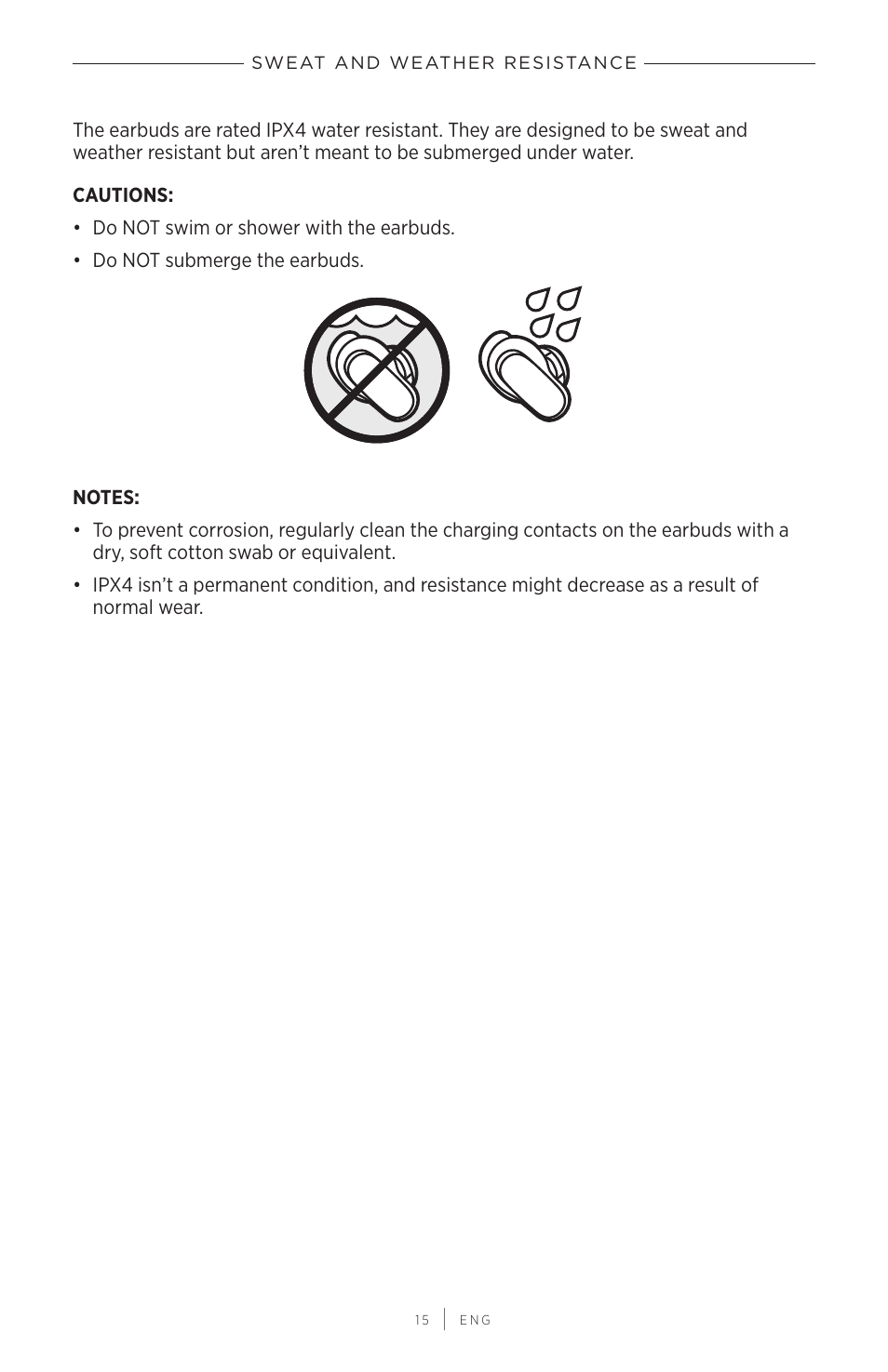 Sweat and weather resistance | Bose QuietComfort Earbuds II Noise-Canceling True Wireless In-Ear Headphones (Limited-Edition Eclipse Gray) User Manual | Page 15 / 52