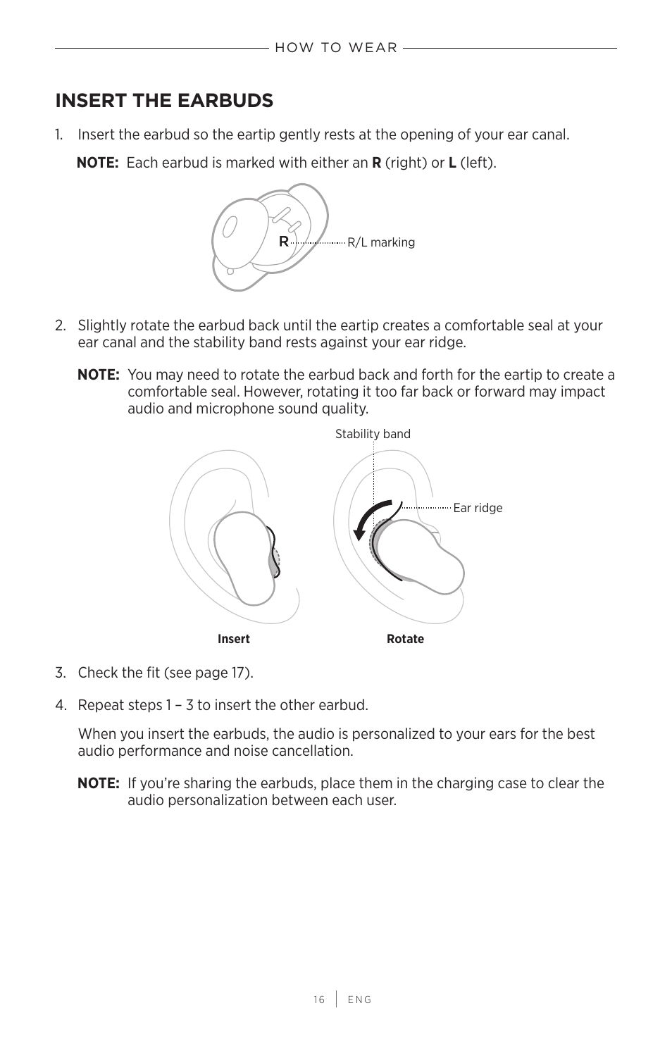 How to wear, Insert the earbuds | Bose QuietComfort Earbuds II Noise-Canceling True Wireless In-Ear Headphones (Limited-Edition Eclipse Gray) User Manual | Page 16 / 52