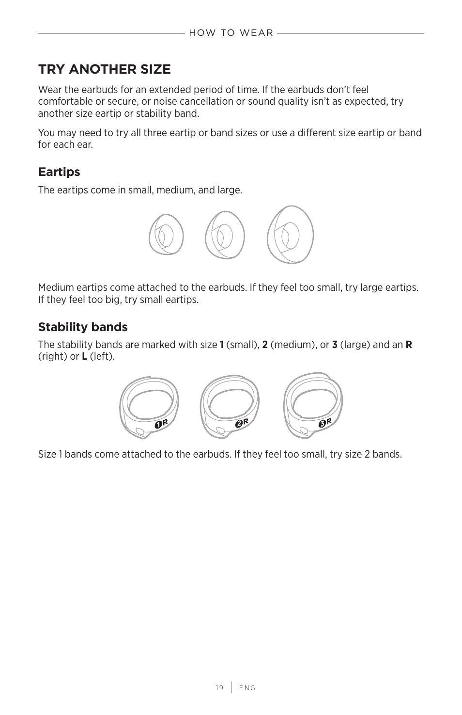 Try another size, Eartips, Stability bands | Eartips stability bands | Bose QuietComfort Earbuds II Noise-Canceling True Wireless In-Ear Headphones (Limited-Edition Eclipse Gray) User Manual | Page 19 / 52