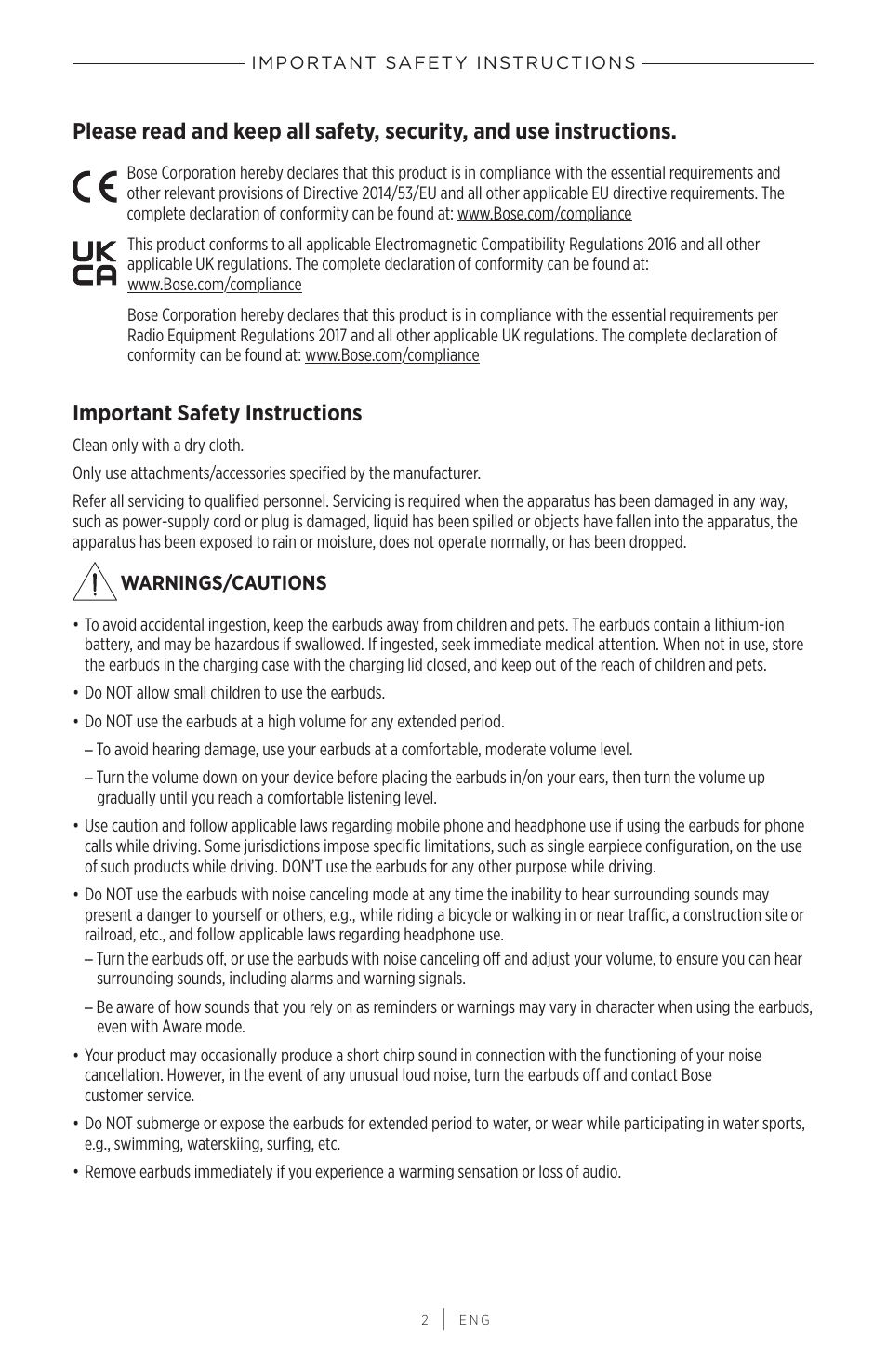 Important safety instructions | Bose QuietComfort Earbuds II Noise-Canceling True Wireless In-Ear Headphones (Limited-Edition Eclipse Gray) User Manual | Page 2 / 52