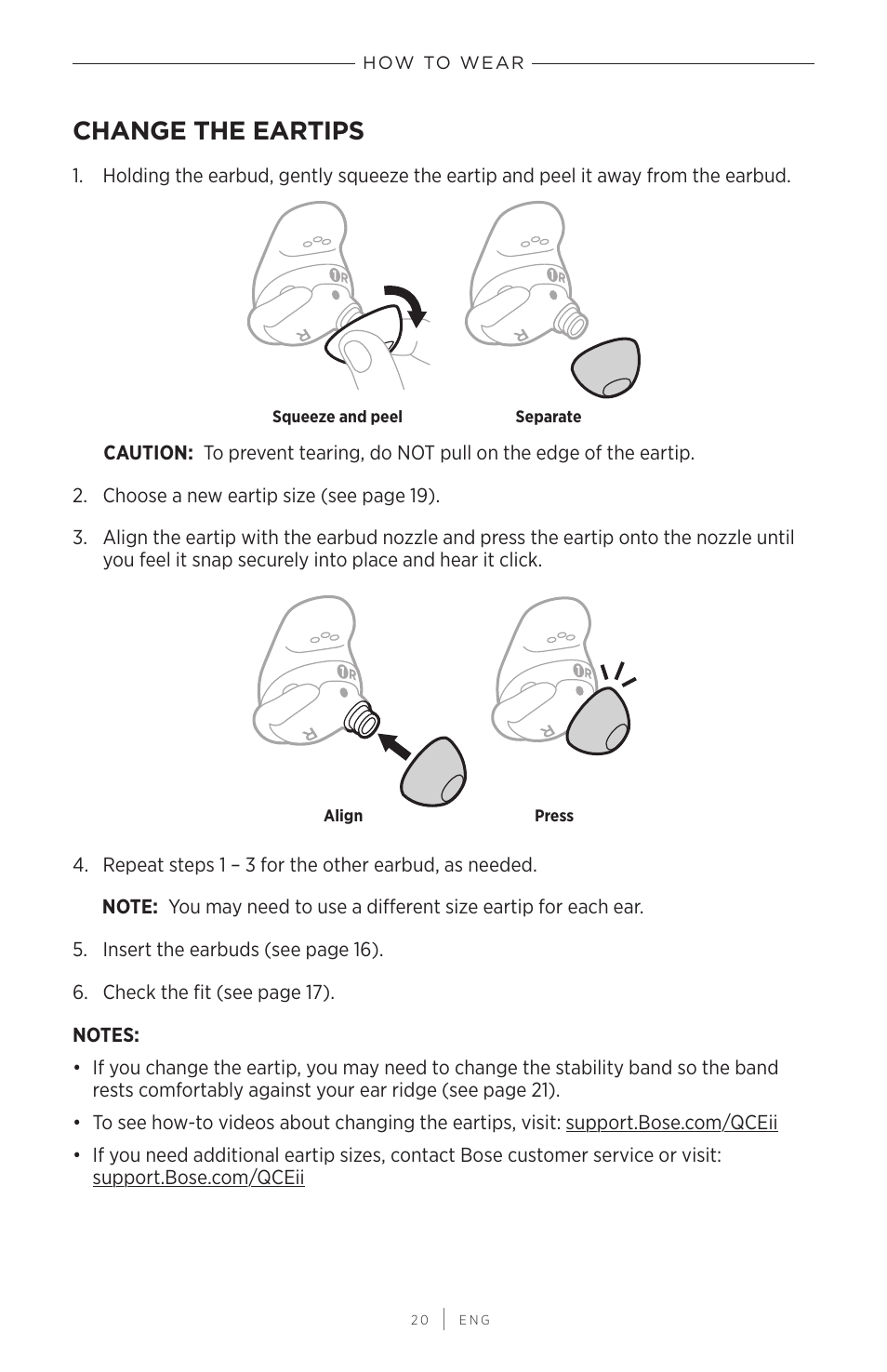 Change the eartips | Bose QuietComfort Earbuds II Noise-Canceling True Wireless In-Ear Headphones (Limited-Edition Eclipse Gray) User Manual | Page 20 / 52