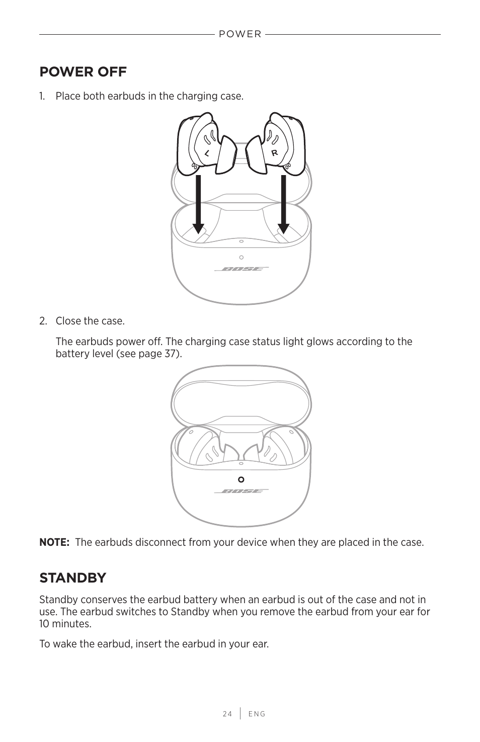 Power off, Standby, Power off standby | Bose QuietComfort Earbuds II Noise-Canceling True Wireless In-Ear Headphones (Limited-Edition Eclipse Gray) User Manual | Page 24 / 52