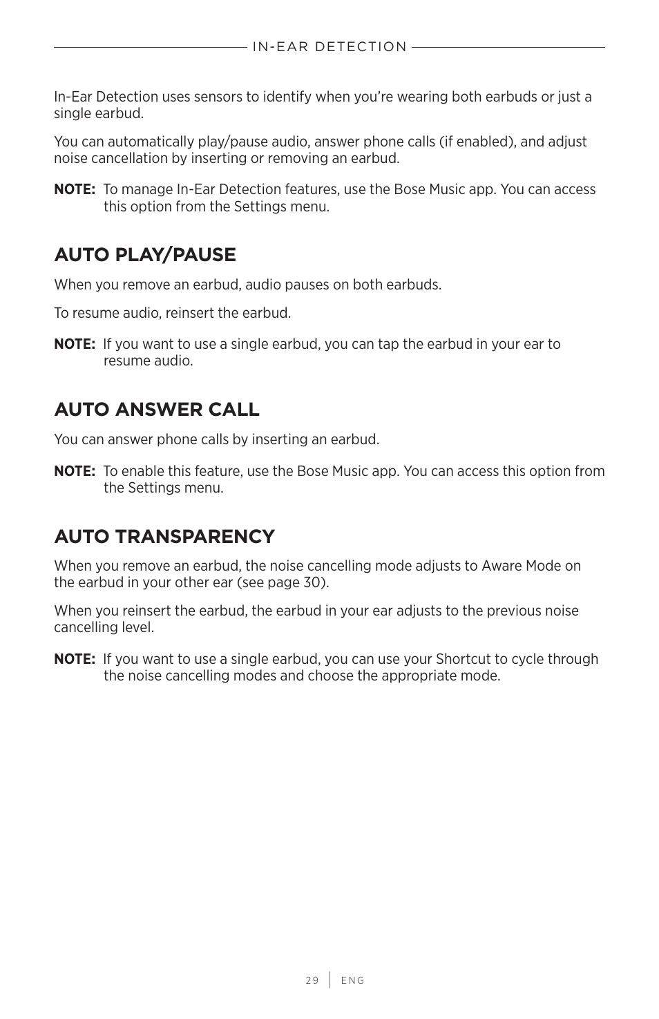In-ear detection, Auto play/pause, Auto answer call | Auto transparency, Auto play/pause auto answer call auto transparency | Bose QuietComfort Earbuds II Noise-Canceling True Wireless In-Ear Headphones (Limited-Edition Eclipse Gray) User Manual | Page 29 / 52
