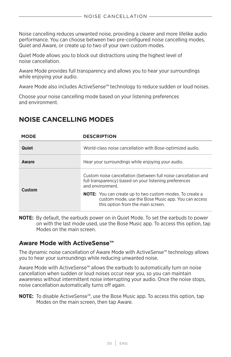 Noise cancellation, Noise cancelling modes, Aware mode with activesense | Bose QuietComfort Earbuds II Noise-Canceling True Wireless In-Ear Headphones (Limited-Edition Eclipse Gray) User Manual | Page 30 / 52