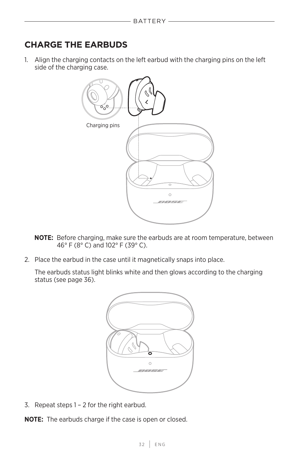 Battery, Charge the earbuds | Bose QuietComfort Earbuds II Noise-Canceling True Wireless In-Ear Headphones (Limited-Edition Eclipse Gray) User Manual | Page 32 / 52