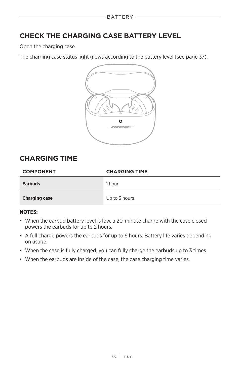 Check the charging case battery level, Charging time | Bose QuietComfort Earbuds II Noise-Canceling True Wireless In-Ear Headphones (Limited-Edition Eclipse Gray) User Manual | Page 35 / 52