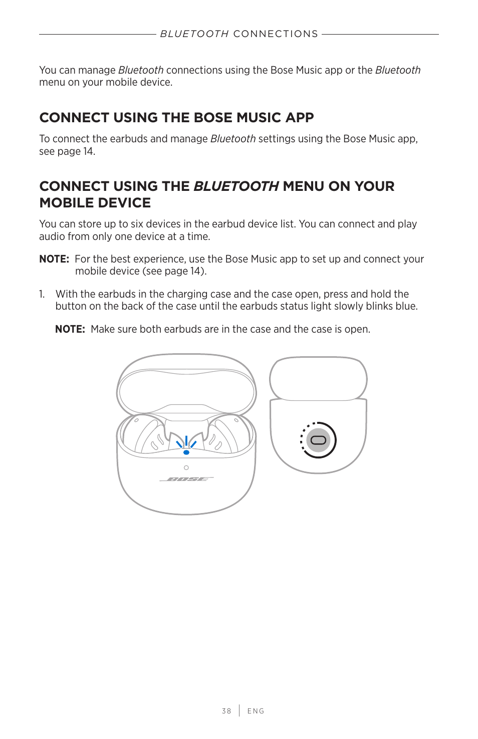 Bluetooth connections, Connect using the bose music app, Bluetooth | Connections, Connect using the bose music app connect using the, Menu on your mobile device | Bose QuietComfort Earbuds II Noise-Canceling True Wireless In-Ear Headphones (Limited-Edition Eclipse Gray) User Manual | Page 38 / 52