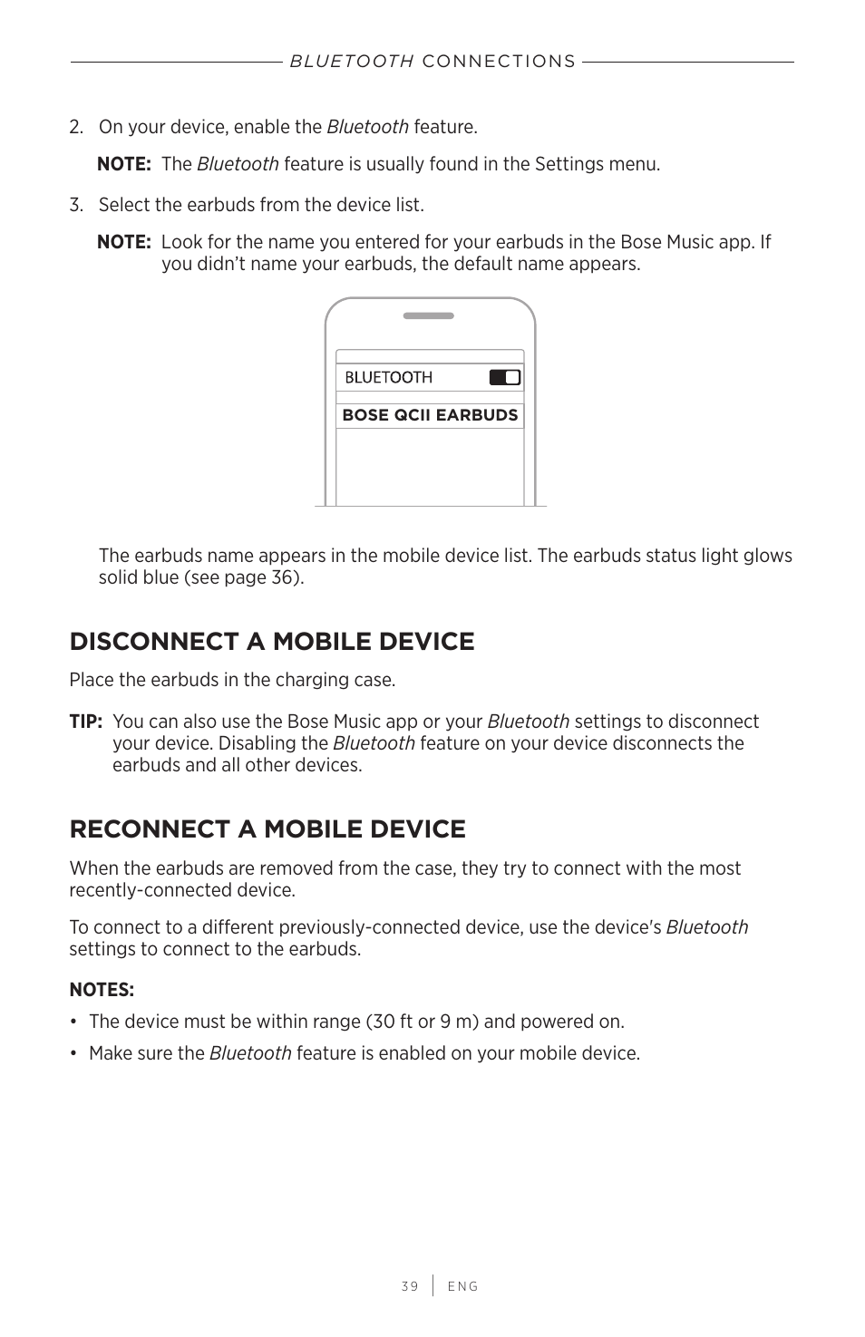 Disconnect a mobile device, Reconnect a mobile device | Bose QuietComfort Earbuds II Noise-Canceling True Wireless In-Ear Headphones (Limited-Edition Eclipse Gray) User Manual | Page 39 / 52