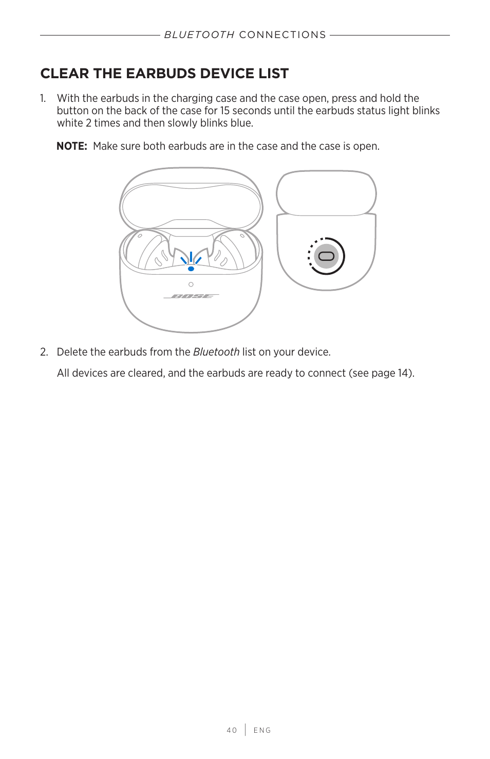 Clear the earbuds device list | Bose QuietComfort Earbuds II Noise-Canceling True Wireless In-Ear Headphones (Limited-Edition Eclipse Gray) User Manual | Page 40 / 52