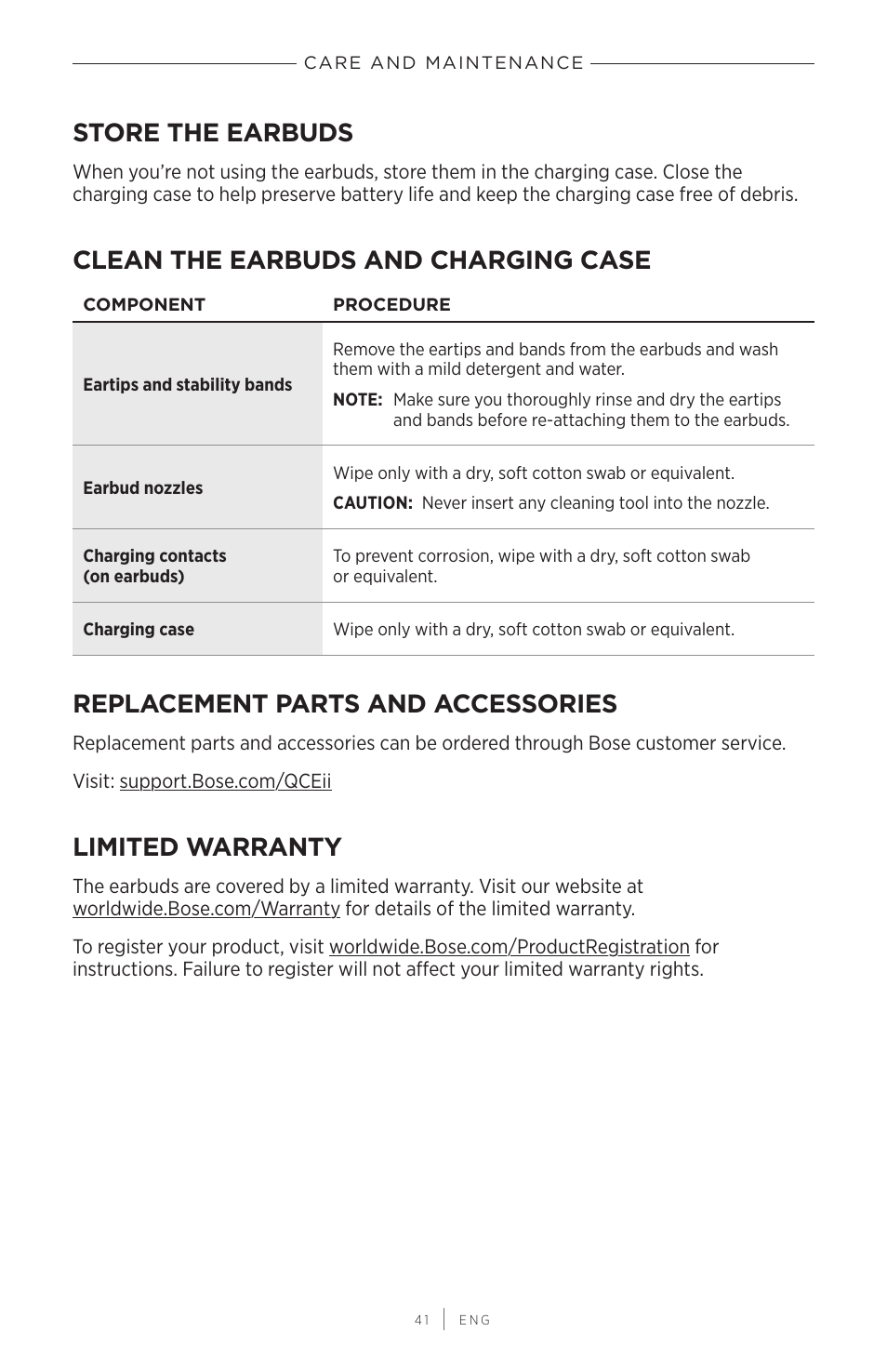 Care and maintenance, Store the earbuds, Clean the earbuds and charging case | Replacement parts and accessories, Limited warranty | Bose QuietComfort Earbuds II Noise-Canceling True Wireless In-Ear Headphones (Limited-Edition Eclipse Gray) User Manual | Page 41 / 52