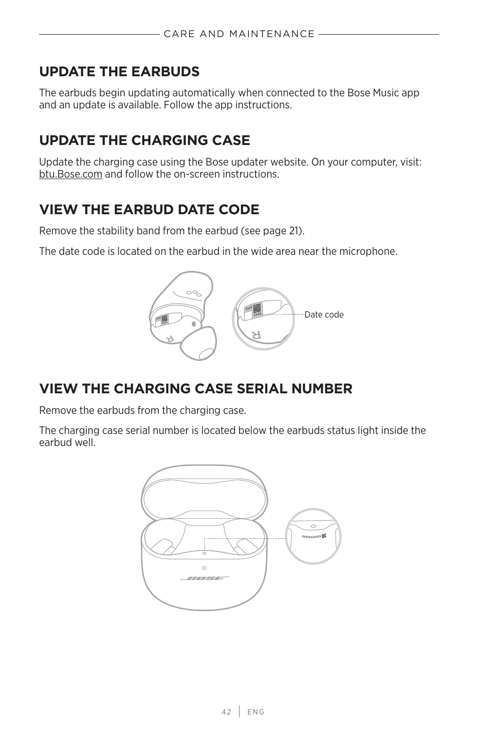 Update the earbuds, Update the charging case, View the earbud date code | View the charging case serial number | Bose QuietComfort Earbuds II Noise-Canceling True Wireless In-Ear Headphones (Limited-Edition Eclipse Gray) User Manual | Page 42 / 52