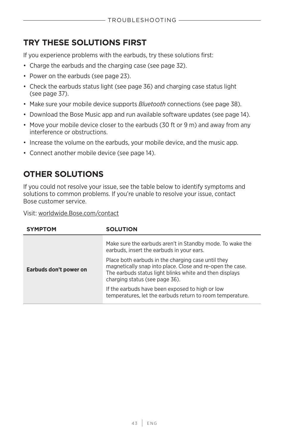 Troubleshooting, Try these solutions first, Other solutions | Try these solutions first other solutions | Bose QuietComfort Earbuds II Noise-Canceling True Wireless In-Ear Headphones (Limited-Edition Eclipse Gray) User Manual | Page 43 / 52