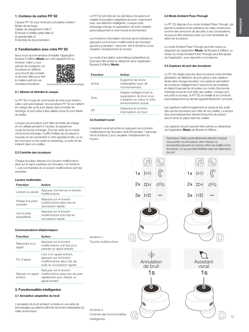 Contenu du carton pi7 s2, Familiarisation avec votre pi7 s2, 1 allumer et éteindre le casque | 2 contrôle des écouteurs, Fonctionnalités intelligentes, 1 annulation adaptative du bruit, 2 assistant vocal, 3 mode ambient pass-through, 4 capteurs de port des écouteurs, Gd d | Bowers & Wilkins Pi7 S2 Noise-Canceling True Wireless In-Ear Headphones (Satin Black) User Manual | Page 10 / 120