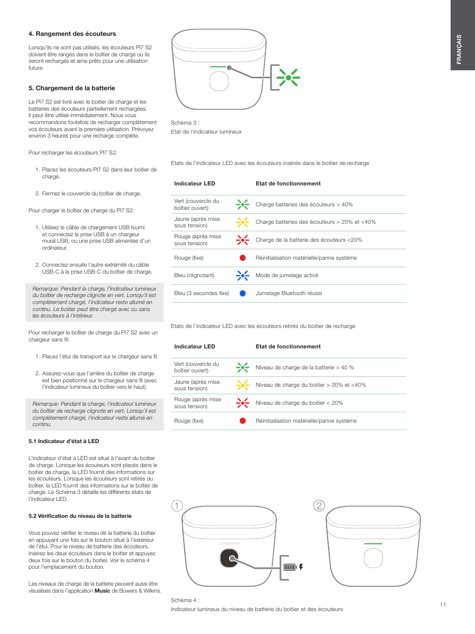 Rangement des écouteurs, Chargement de la batterie, 1 indicateur d’état à led | 2 vérification du niveau de la batterie | Bowers & Wilkins Pi7 S2 Noise-Canceling True Wireless In-Ear Headphones (Satin Black) User Manual | Page 11 / 120