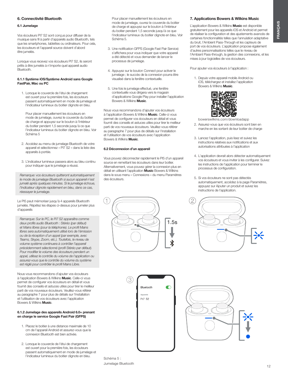 Connectivité bluetooth, 1 jumelage, 2 déconnexion d’un appareil | Applications bowers & wilkins music | Bowers & Wilkins Pi7 S2 Noise-Canceling True Wireless In-Ear Headphones (Satin Black) User Manual | Page 12 / 120