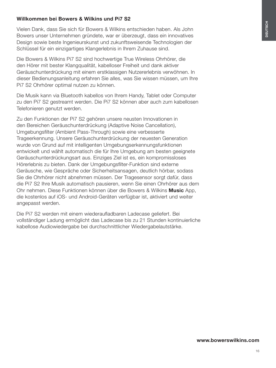 Deutsch | Bowers & Wilkins Pi7 S2 Noise-Canceling True Wireless In-Ear Headphones (Satin Black) User Manual | Page 16 / 120