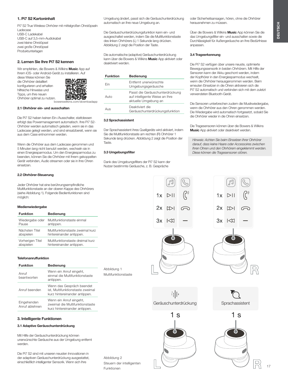 Pi7 s2 kartoninhalt, Lernen sie ihre pi7 s2 kennen, 1 ohrhörer ein- und ausschalten | 2 ohrhörer-steuerung, Intelligente funktionen, 1 adaptive geräuschunterdrückung, 2 sprachassistent, 3 umgebungsfilter, 4 trageerkennung, Lr r | Bowers & Wilkins Pi7 S2 Noise-Canceling True Wireless In-Ear Headphones (Satin Black) User Manual | Page 17 / 120