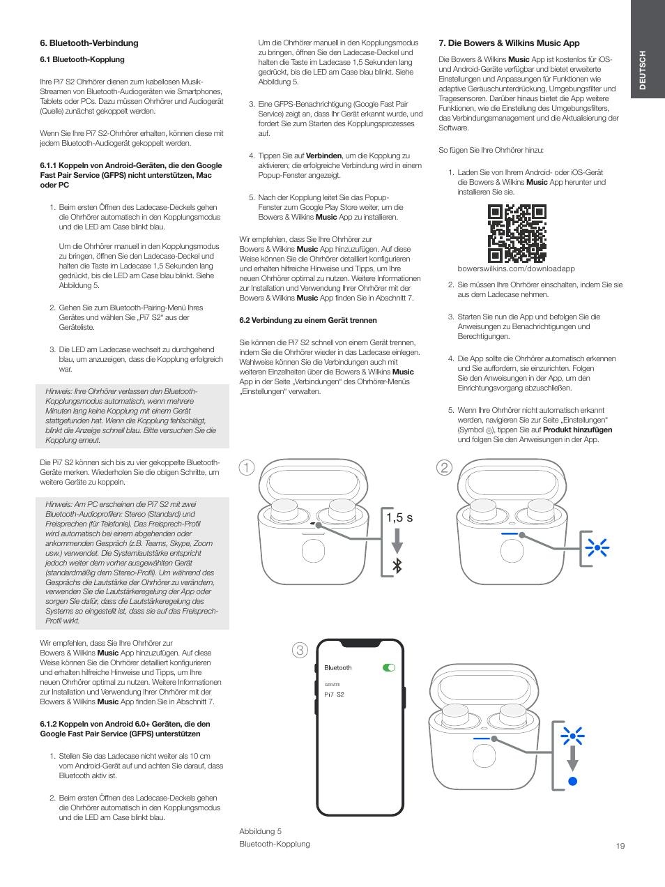 Bluetooth-verbindung, 1 bluetooth-kopplung, 2 verbindung zu einem gerät trennen | Die bowers & wilkins music app, 1,5 s | Bowers & Wilkins Pi7 S2 Noise-Canceling True Wireless In-Ear Headphones (Satin Black) User Manual | Page 19 / 120