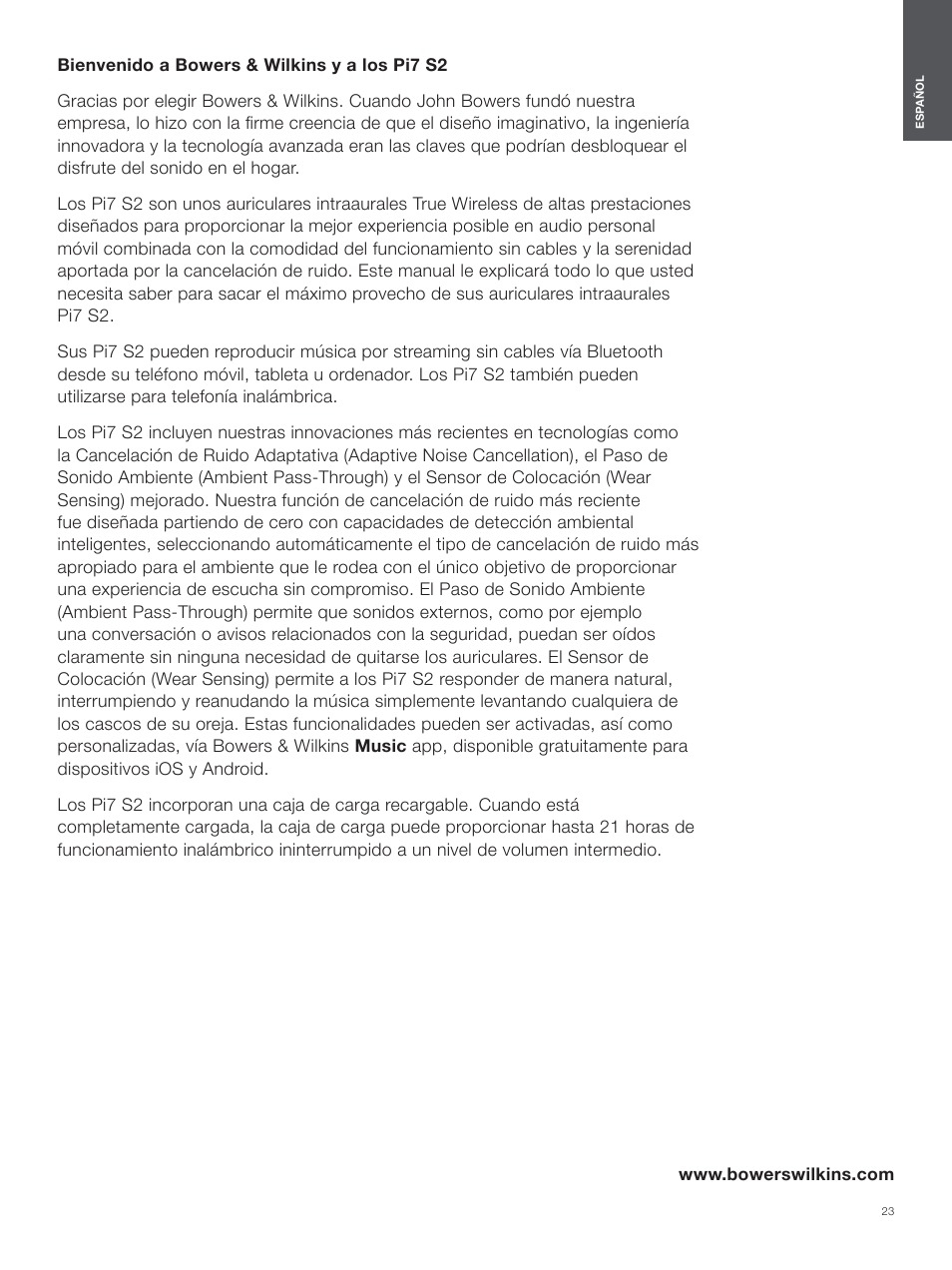 Español | Bowers & Wilkins Pi7 S2 Noise-Canceling True Wireless In-Ear Headphones (Satin Black) User Manual | Page 23 / 120