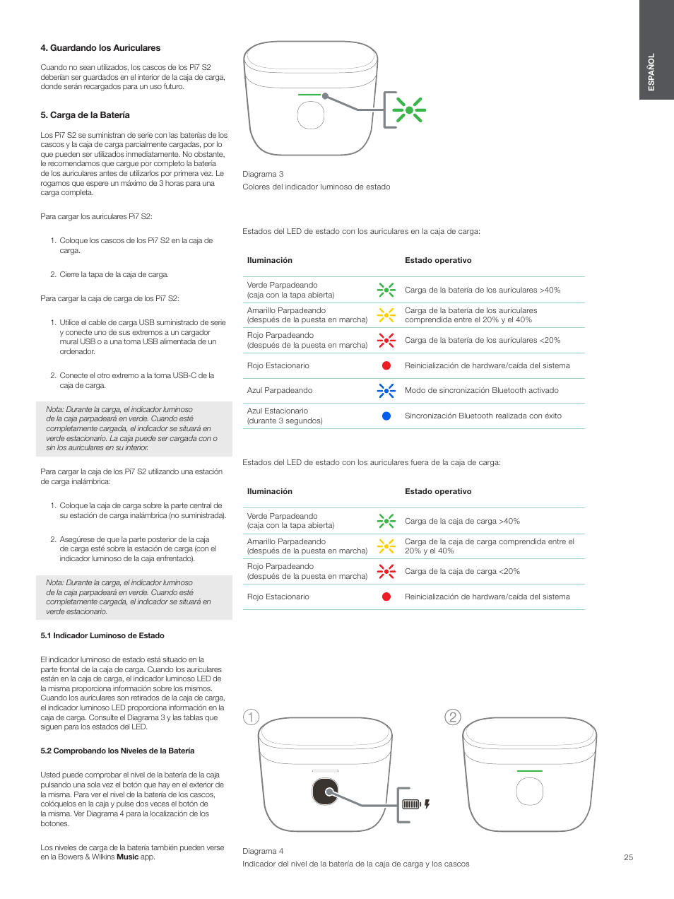 Guardando los auriculares, Carga de la batería, 1 indicador luminoso de estado | 2 comprobando los niveles de la batería | Bowers & Wilkins Pi7 S2 Noise-Canceling True Wireless In-Ear Headphones (Satin Black) User Manual | Page 25 / 120