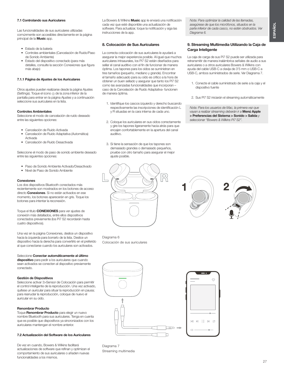 1 controlando sus auriculares, 2 actualización del software de los auriculares, Colocación de sus auriculares | Bowers & Wilkins Pi7 S2 Noise-Canceling True Wireless In-Ear Headphones (Satin Black) User Manual | Page 27 / 120