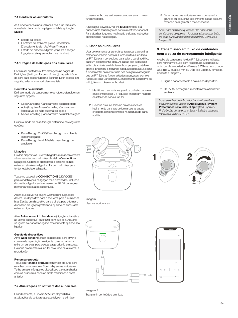 1 controlar os auriculares, 2 atualizações do software dos auriculares, Usar os auriculares | Bowers & Wilkins Pi7 S2 Noise-Canceling True Wireless In-Ear Headphones (Satin Black) User Manual | Page 34 / 120