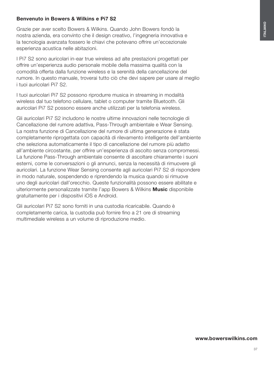 Italiano | Bowers & Wilkins Pi7 S2 Noise-Canceling True Wireless In-Ear Headphones (Satin Black) User Manual | Page 37 / 120