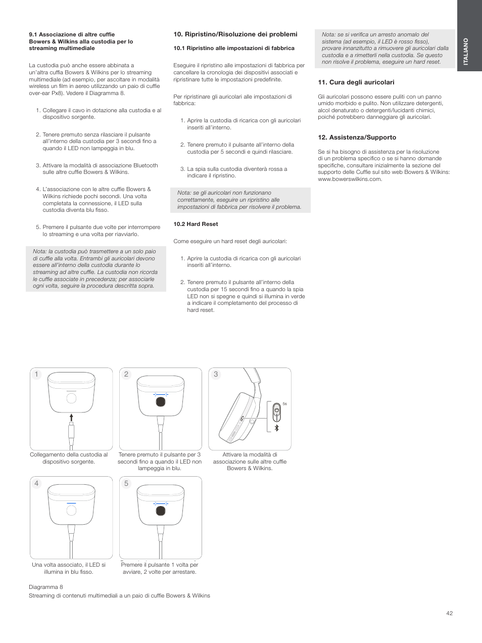 Ripristino/risoluzione dei problemi, 1 ripristino alle impostazioni di fabbrica, 2 hard reset | Cura degli auricolari, Assistenza/supporto | Bowers & Wilkins Pi7 S2 Noise-Canceling True Wireless In-Ear Headphones (Satin Black) User Manual | Page 42 / 120
