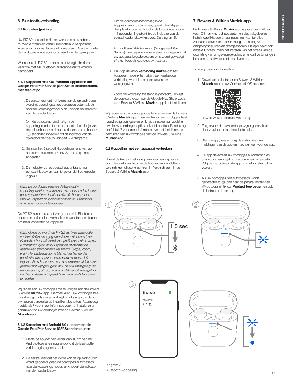 Bluetooth-verbinding, 1 koppelen (pairing), 2 koppeling met een apparaat verbreken | Bowers & wilkins muziek-app, 1,5 sec | Bowers & Wilkins Pi7 S2 Noise-Canceling True Wireless In-Ear Headphones (Satin Black) User Manual | Page 47 / 120