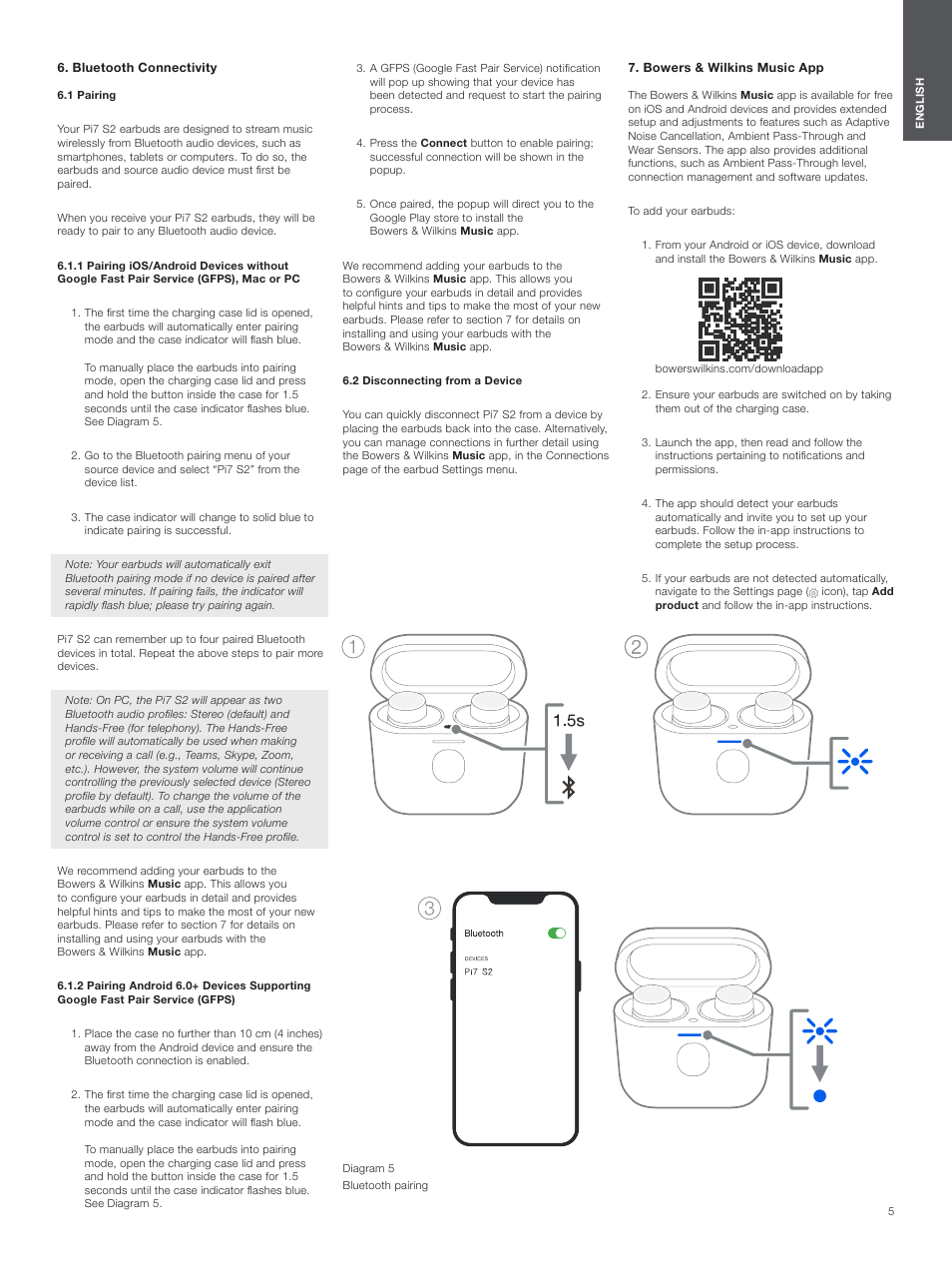 Bluetooth connectivity, 1 pairing, 2 disconnecting from a device | Bowers & wilkins music app | Bowers & Wilkins Pi7 S2 Noise-Canceling True Wireless In-Ear Headphones (Satin Black) User Manual | Page 5 / 120
