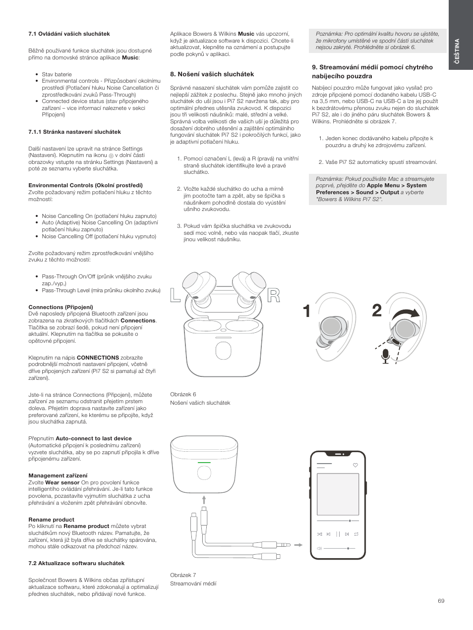 1 ovládání vašich sluchátek, 1 stránka nastavení sluchátek, 2 aktualizace softwaru sluchátek | Nošení vašich sluchátek | Bowers & Wilkins Pi7 S2 Noise-Canceling True Wireless In-Ear Headphones (Satin Black) User Manual | Page 69 / 120