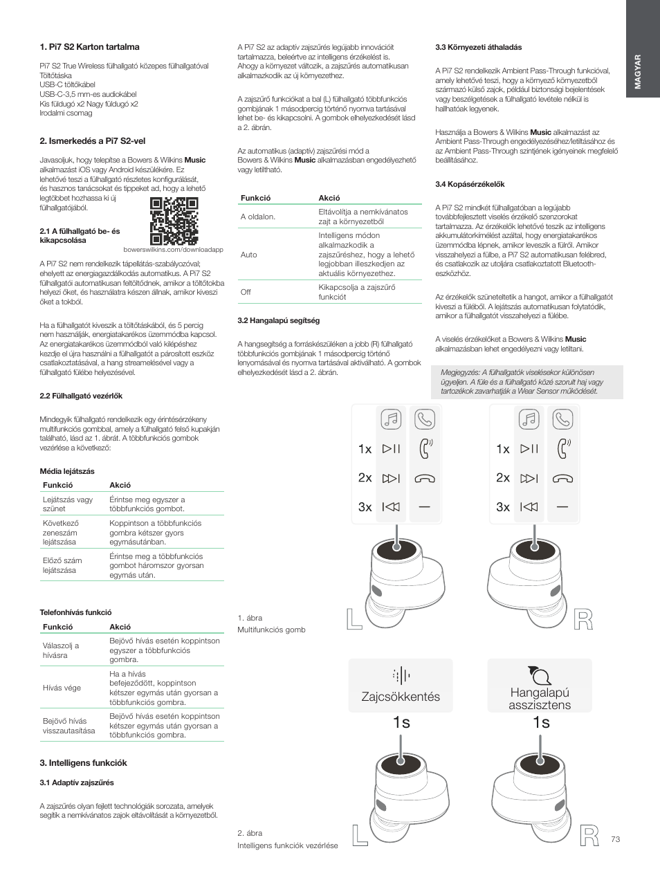 Pi7 s2 karton tartalma, Ismerkedés a pi7 s2-vel, 1 a fülhallgató be- és kikapcsolása | 2 fülhallgató vezérlők, Intelligens funkciók, 1 adaptív zajszűrés, 2 hangalapú segítség, 3 környezeti áthaladás, 4 kopásérzékelők, Lr r | Bowers & Wilkins Pi7 S2 Noise-Canceling True Wireless In-Ear Headphones (Satin Black) User Manual | Page 73 / 120