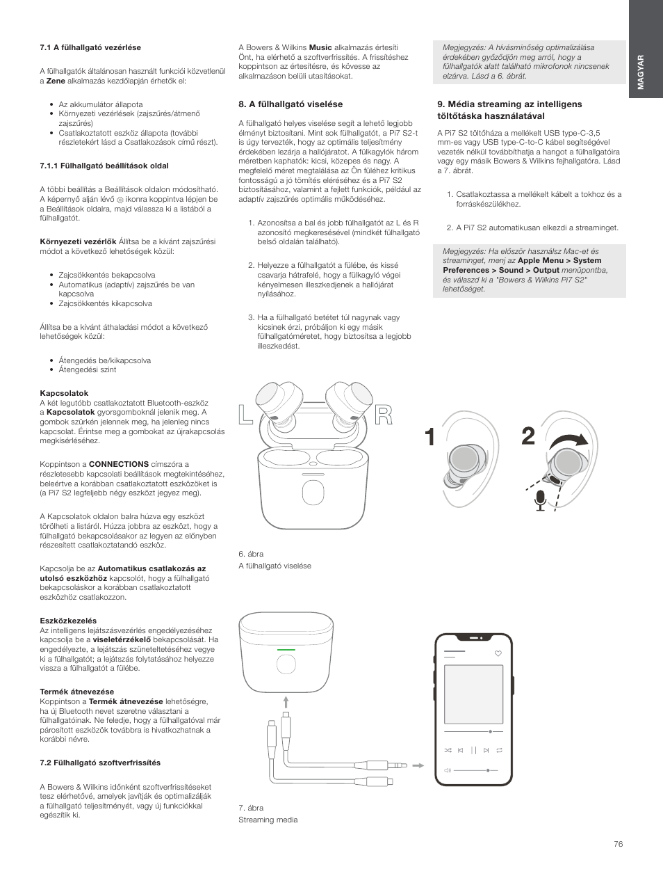 1 a fülhallgató vezérlése, 1 fülhallgató beállítások oldal, 2 fülhallgató szoftverfrissítés | A fülhallgató viselése | Bowers & Wilkins Pi7 S2 Noise-Canceling True Wireless In-Ear Headphones (Satin Black) User Manual | Page 76 / 120