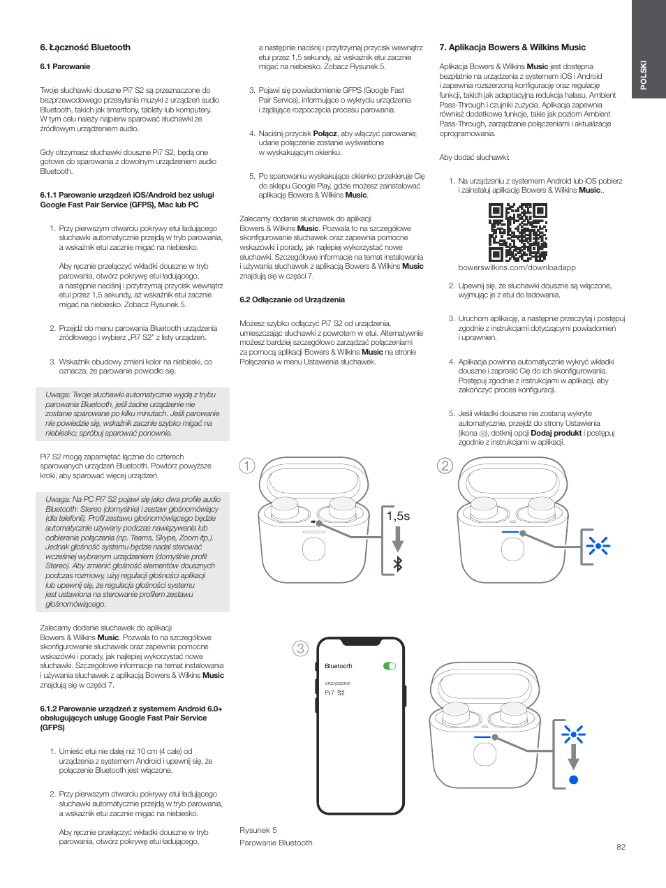 Łączność bluetooth, 1 parowanie, 2 odłączanie od urządzenia | Aplikacja bowers & wilkins music, 1,5s | Bowers & Wilkins Pi7 S2 Noise-Canceling True Wireless In-Ear Headphones (Satin Black) User Manual | Page 82 / 120