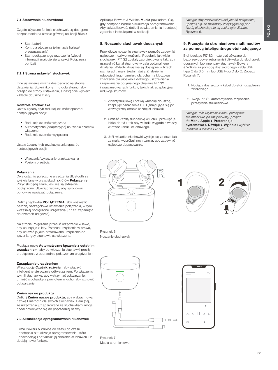 1 sterowanie słuchawkami, 2 aktualizacja oprogramowania słuchawek, Noszenie słuchawek dousznych | Bowers & Wilkins Pi7 S2 Noise-Canceling True Wireless In-Ear Headphones (Satin Black) User Manual | Page 83 / 120